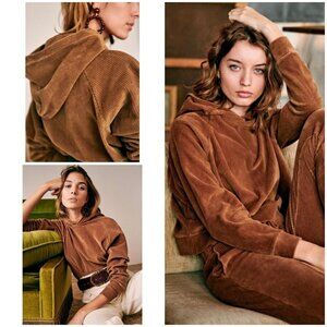💕SEZANE💕 Mary Corduroy Cropped Hoodie Sweatshirt ~ Camel Brown Large